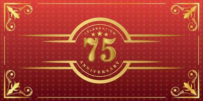 logotipo do 75º aniversário com anel de ouro, confete e borda de ouro isolada em fundo vermelho elegante, brilho, design vetorial para cartão de felicitações e cartão de convite vetor