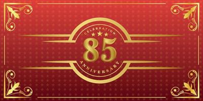 logotipo do 85º aniversário com anel de ouro, confete e borda de ouro isolada em fundo vermelho elegante, brilho, design vetorial para cartão de felicitações e cartão de convite vetor