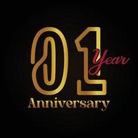 Logotipo da comemoração do 01º aniversário com caligrafia design elegante de cor dourada e vermelha. aniversário de vetor para celebração, cartão de convite e cartão de felicitações.