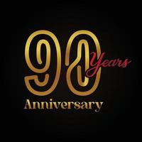 Logotipo da celebração do 90º aniversário com design elegante de caligrafia dourada e vermelha. aniversário de vetor para celebração, cartão de convite e cartão de felicitações.