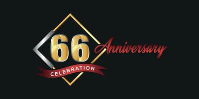 logotipo do 66º aniversário com caixa dourada e prateada, confete e fita vermelha isolada em fundo preto elegante, design vetorial para cartão de felicitações e cartão de convite vetor