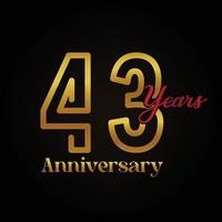 Logotipo da celebração do 43º aniversário com design elegante de caligrafia de cor dourada e vermelha. aniversário de vetor para celebração, cartão de convite e cartão de felicitações.