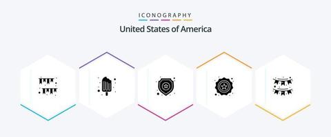 Pacote de ícones de 25 glifos dos EUA, incluindo americano. distintivo. sorvete. segurança. placa vetor