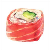 sushi maki philadelphia com cream cheese. rolo com salmão. ilustração em aquarela isolada no fundo branco. vetor