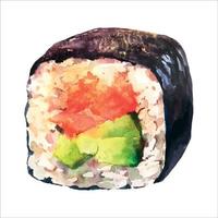 aquarela sushi maki com salmão, abacate e cream cheese. clássico japonis roll. ilustração em aquarela isolada no fundo branco. vetor