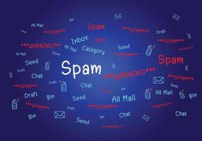 conceito de e-mail e vírus de computador. revise os conceitos de segurança na internet, spam e e-marketing na tela. avisos pop-up de e-mail de spam. vetor