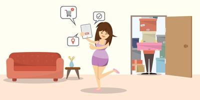 ilustração em vetor de conceito de compras online. mulher usa smartphone ou tablet para fazer compras online em casa tem entregador carregando muitas caixas atrás da porta.