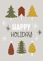 as árvores de natal no cartão de boas festas no estilo hygge. cartão de natal com decoração de inverno vetor