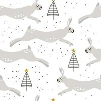 coelhos fofos entre árvores de natal em uma floresta de pinheiros no estilo do minimalismo. impressão vetorial perfeita para tecido de bebê ou papel de parede. impressão escandinava para comemorar o natal e o ano novo vetor