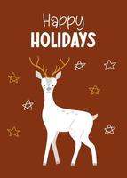 cartão de férias com um veado de desenho animado e uma inscrição de felicitações no estilo hygge. cartão para boas férias de inverno, natal e ano novo vetor