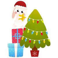 coelhinho fofo decorando a árvore de natal em estilo cartoon, isolado no fundo branco, clipart para design de cartaz vetor