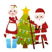 senhor e senhora papai noel decorando a árvore de natal em estilo cartoon sobre fundo branco, clipart para design de cartaz vetor