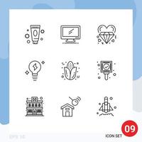 pacote de 9 sinais e símbolos de contornos modernos para mídia impressa na web, como elementos de design de vetores editáveis de amor de casamento imac