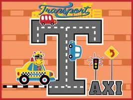 vetor de desenho animado de transportes com girafa fofa em táxi amarelo, ilustração de elementos de tráfego em texto de táxi grande