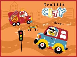 vetor de desenho animado de elementos de tráfego da cidade, gato engraçado dirigindo carro e caminhão de bombeiros
