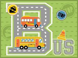 vetor de desenhos animados de ônibus com ilustração de elementos de tráfego