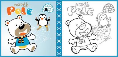 desenho vetorial de urso polar com pinguim de esqui, página para colorir ou livro vetor