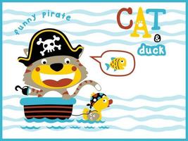 desenho vetorial de gato e pato em fantasia de pirata no mar vetor