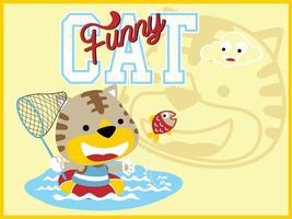 vetor de desenho animado de gato engraçado pegando peixe com rede de pesca