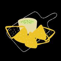 nachos de ilustração de comida mexicana com molho de guacamole em fundo preto vetor