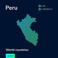 mapa do peru. vetor criativo digital néon linha plana arte abstrata mapa simples com textura listrada verde, menta e turquesa em fundo azul escuro. banner educacional, cartaz sobre o peru