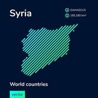 vector creative digital neon flat line art abstrato mapa simples da síria com textura listrada verde, menta e turquesa em fundo azul escuro. banner educacional, cartaz sobre a síria