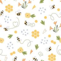 padrão de mel de abelha padrão sem emenda de abelha bonito flores de prado de verão desenhadas à mão, modelos de mel de fundo de favo de mel de abelha desenhados à mão. design de tecido infantil. ilustração de verão. cores brancas amarelas. vetor