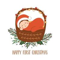 bebê primeiro cartão de vetor de natal com bebê recém-nascido dormindo na cesta. bebê fofo de férias de inverno em elemento isolado de ilustração de traje vermelho para cartão de felicitações. feliz natal, feliz ano novo cartaz
