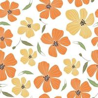 flores e folhas padrão sem emenda. textura de ilustração colorida de tecido. hibisco. vintage tropical hibisco amarelo e laranja floral folhas verdes sem costura padrão fundo branco vetor