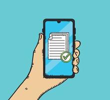 ícone de vários documentos com marca de seleção verde aparecendo na tela do celular. um teste ou pesquisa aprovado. mão desenhada ilustração vetorial. vetor