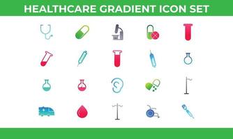conjunto de ícones de gradiente médico e de saúde, primeiros socorros, transporte de um paciente, cuidados de saúde, seguro, tratamento médico, medicamentos e pessoal hospitalar. vetor