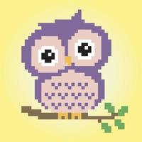 coruja de pixels de 8 bits na árvore. animais para recursos de jogos e padrões de ponto cruz em ilustrações vetoriais. vetor