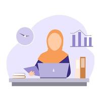 mulher muçulmana trabalhando no laptop no escritório vetor