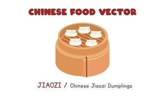 jiaozi chinês - bolinhos de jiaozi chineses em uma ilustração de design de vetor plano de navio de bambu, estilo de desenho animado de clipart. comida asiática. cozinha chinesa. comida chinesa