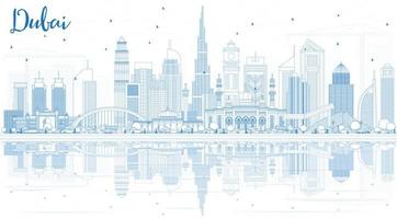 delineie o horizonte de dubai emirados árabes unidos com edifícios azuis e reflexões. vetor