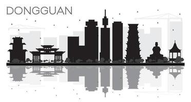 Dongguan city skyline silhueta preto e branco com reflexões. vetor