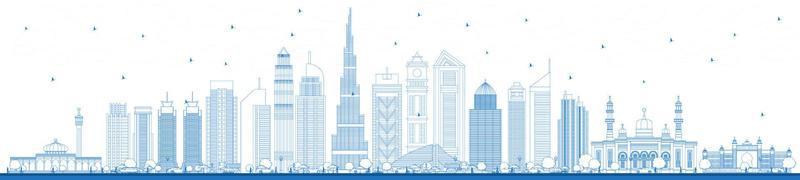 delineie o horizonte da cidade de dubai emirados árabes unidos com edifícios azuis. vetor