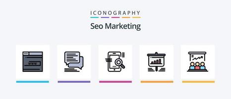 a linha de marketing de seo preencheu o pacote de 5 ícones, incluindo e-mail. correspondência. progresso. rede. acima. design de ícones criativos vetor