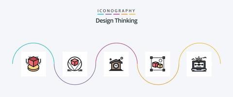 linha de pensamento de design cheia de pacote de 5 ícones planos, incluindo processamento. Projeto. entregar. 3d.clock vetor