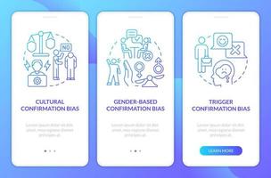 viés de confirmação na tela de aplicativo móvel de integração de gradiente azul de recrutamento. passo a passo 3 passos instruções gráficas com conceitos lineares. modelo ui, ux, gui. inúmeras fontes pro-bold regulares usadas vetor