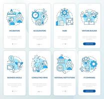 conjunto de telas de aplicativos móveis de integração azul de opções de financiamento de inicialização vetor