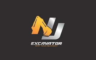 nj logo escavadeira para empresa de construção. ilustração vetorial de modelo de equipamento pesado para sua marca. vetor