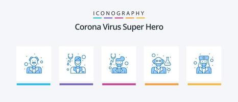 pacote de ícones do super-herói azul 5 do vírus corona, incluindo médico. cientista. macho. professor. Velhote. design de ícones criativos vetor