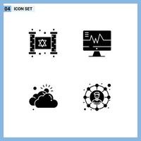 grupo de 4 glifos sólidos modernos definidos para hanukkah religião nublada coração sol editável elementos de design vetorial vetor