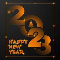 2023 pôster mínimo preto de ano novo com números laranja dourados e árvore com texto. cartão de felicitações. vetor