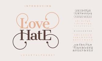amor, ódio, luxo, letras e números elegantes do alfabeto. tipografia de casamento elegante fonte com serifa clássica decorativa vintage retrô. vetor