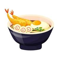 sopa de macarrão udon tempurá de camarão com ovo. comida asiática. ilustração vetorial colorida isolada no fundo branco. vetor