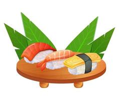 conjunto de sushi. frutos do mar japoneses. comida de restaurante asiático na mesa. ilustração vetorial colorida isolada no fundo branco. vetor