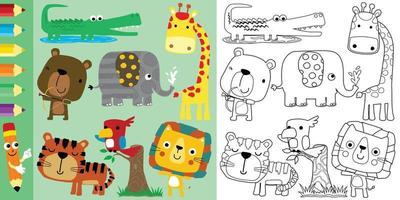 conjunto vetorial de desenhos animados de animais, livro de colorir ou página vetor