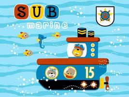 desenho vetorial de urso engraçado e coelho no submarino submarino com animais marinhos vetor